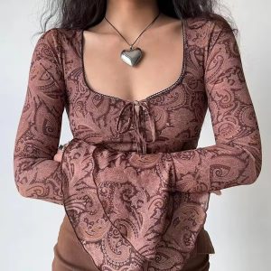 Sweet U-neck Print Flare Sleeve Lace-up Streetwear Beach Tees Crop Top