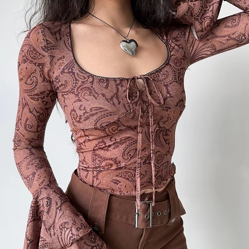 Sweet U-neck Print Flare Sleeve Lace-up Streetwear Beach Tees Crop Top - Image 2