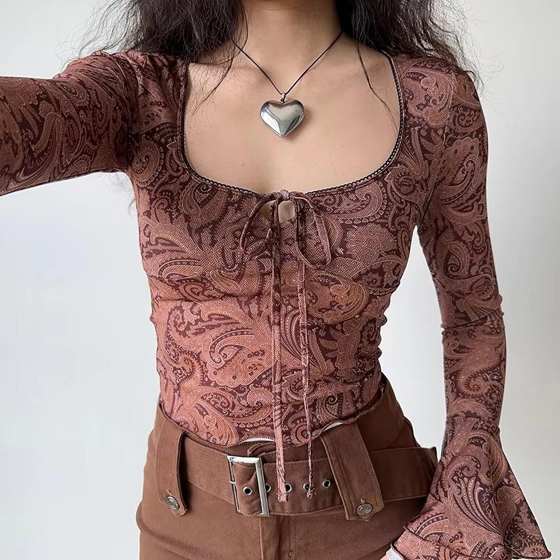 Sweet U-neck Print Flare Sleeve Lace-up Streetwear Beach Tees Crop Top - Image 3