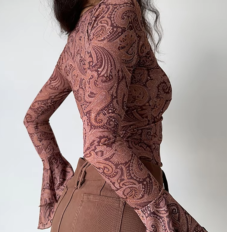 Sweet U-neck Print Flare Sleeve Lace-up Streetwear Beach Tees Crop Top - Image 5