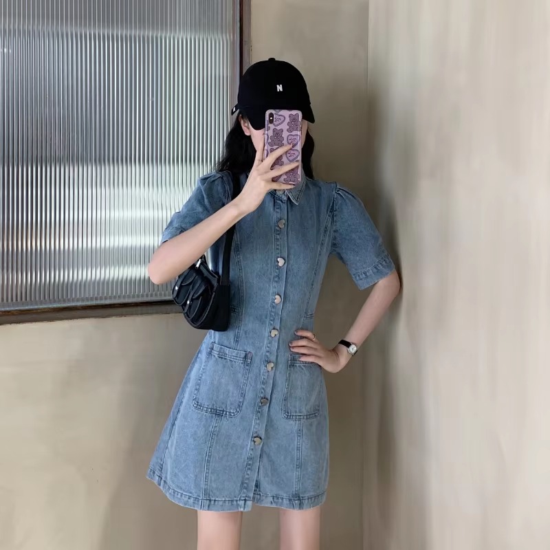 Casual Fitted High Waist Short Sleeve Denim Mini Dress - Image 3
