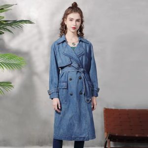 Vintage Belt Big Pockets Double Breasted Jeans Trench Long Coats