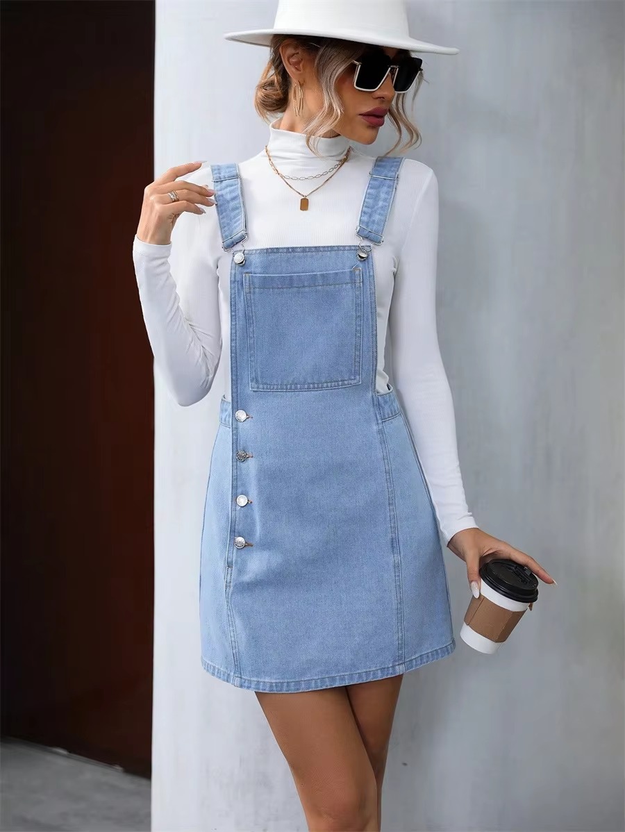 Vintage Button Front Denim Sleeveless Pockets Casual A-Line Dresses - Image 4
