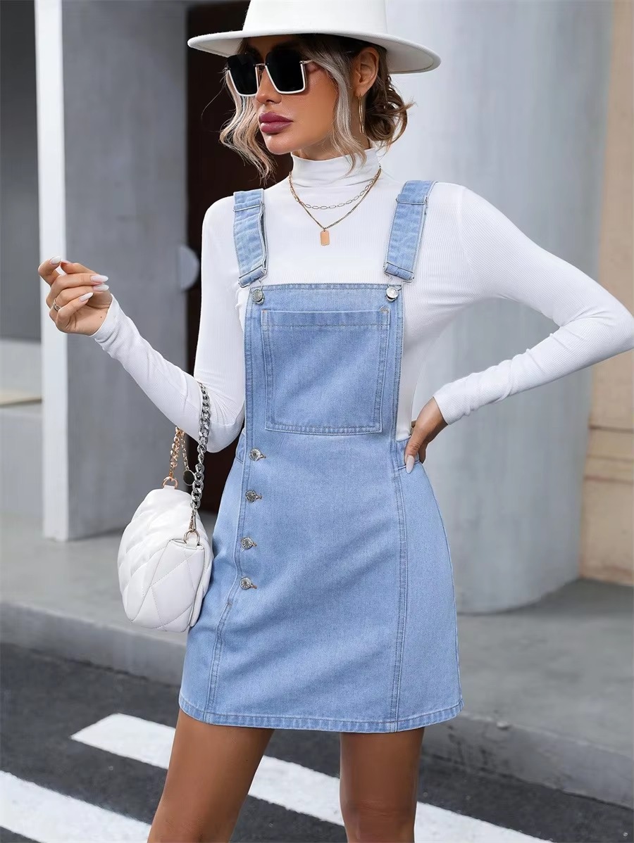 Vintage Button Front Denim Sleeveless Pockets Casual A-Line Dresses - Image 5