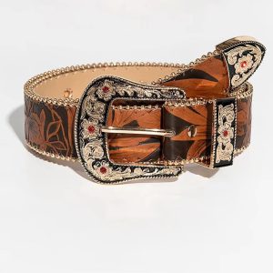 Vintage Carved Gem Buckle Asymmetrical Flower Embossed Belt