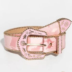 Vintage Carved Gem Buckle Asymmetrical Flower Embossed Belt