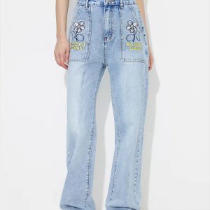 Vintage Embroidered Straight Pockets Denim Baggy High Waisted Jeans