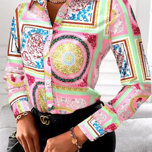 Vintage Floral Geometric Square Print Turn-Down Collar Shirts