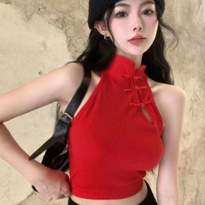 Vintage Halter O-Neck Retro Button Elegant Crop Tops with Bra Pad