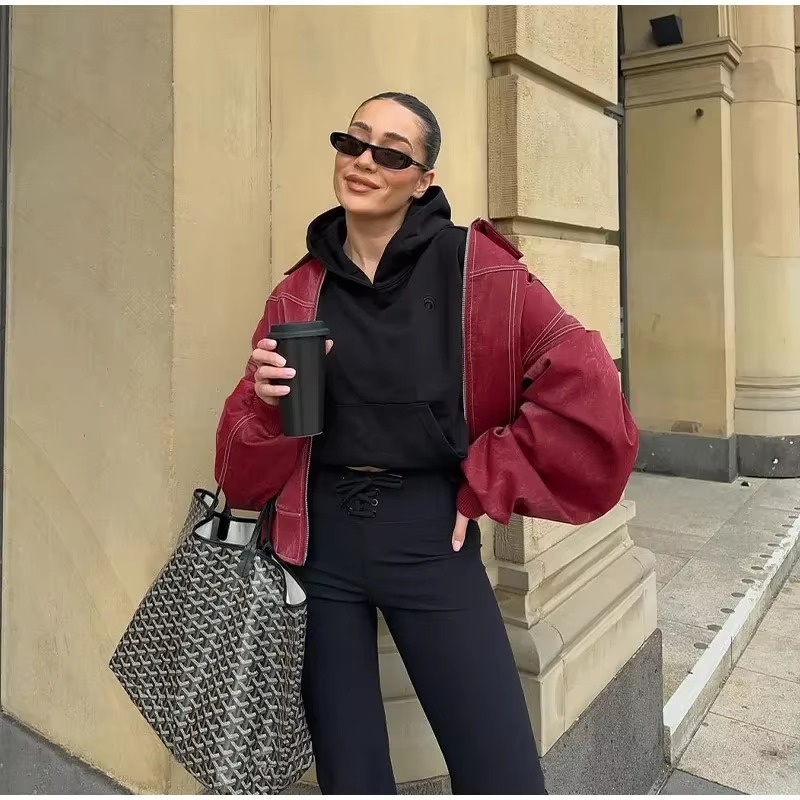 Vintage Lapel Long Sleeve Bomber Leather Jacket - Image 5