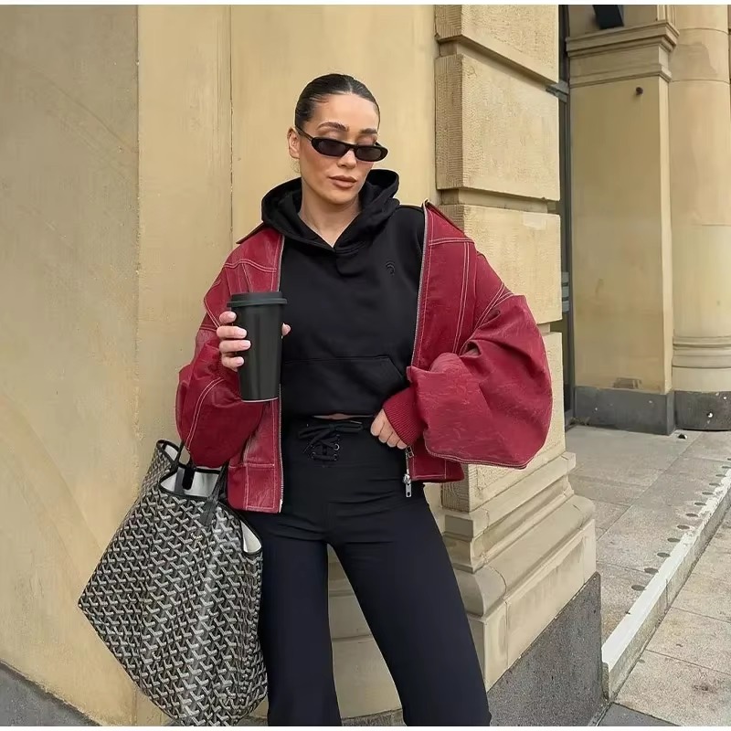 Vintage Lapel Long Sleeve Bomber Leather Jacket