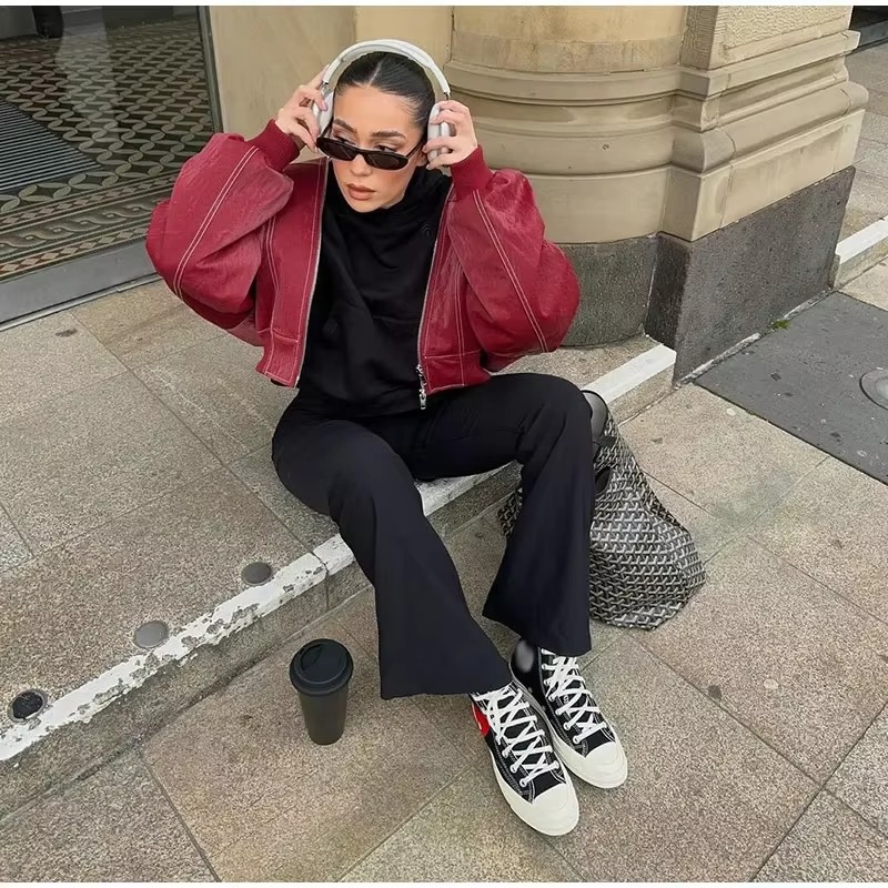 Vintage Lapel Long Sleeve Bomber Leather Jacket - Image 2