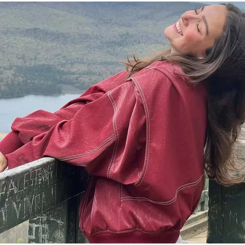 Vintage Lapel Long Sleeve Bomber Leather Jacket - Image 10