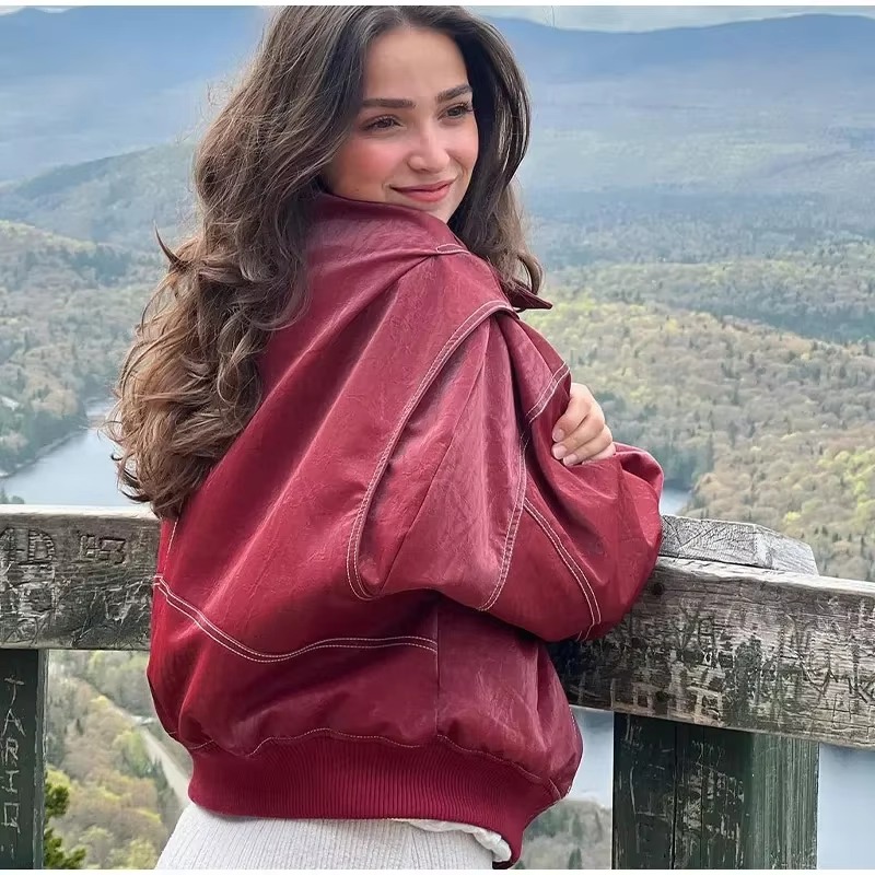 Vintage Lapel Long Sleeve Bomber Leather Jacket - Image 9