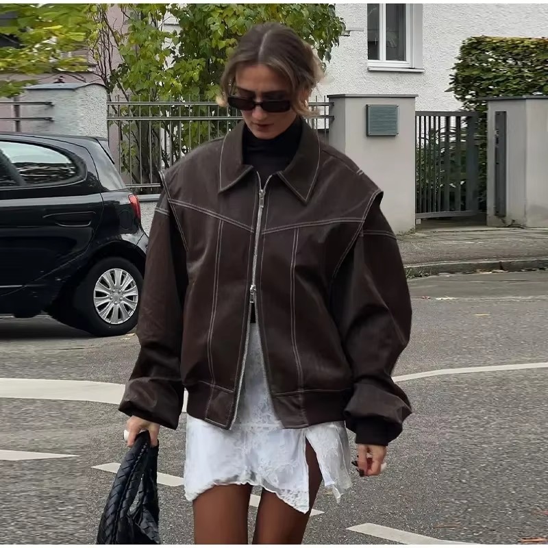 Vintage Lapel Long Sleeve Bomber Leather Jacket - Image 16