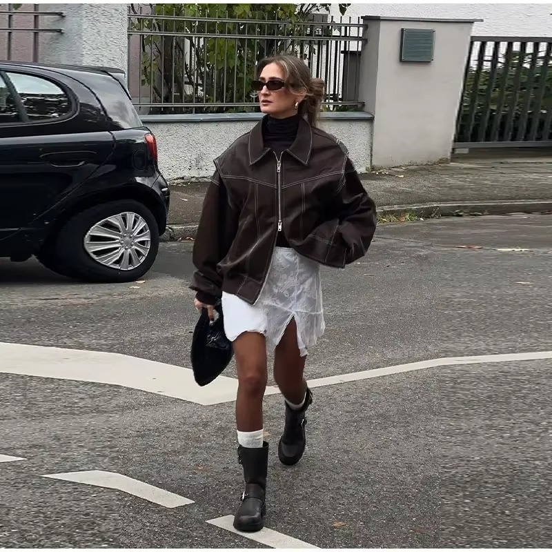 Vintage Lapel Long Sleeve Bomber Leather Jacket - Image 13