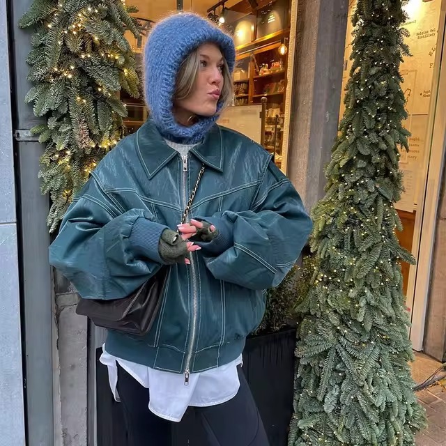 Vintage Lapel Long Sleeve Bomber Leather Jacket - Image 12