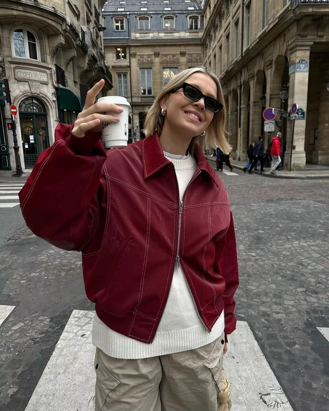 Vintage Lapel Long Sleeve Bomber Leather Jacket - Image 4