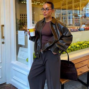 Vintage Leather Chic Zipper Long Seleeve Pocket Short High Streetwear Laple Jacket