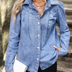 Vintage Long Sleeve Casual Single Breasted Loose Jean Blouses Tops