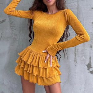 Vintage Long Sleeve O-Neck Stretch Bodycon Mini Dress