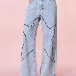 Vintage Loose Retro Beaded Streetwear High Waist Baggy Wide Leg Trousers Jeans