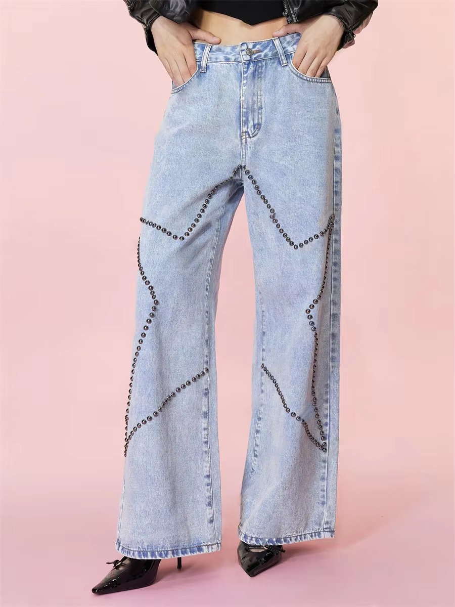 Vintage Loose Retro Beaded Streetwear High Waist Baggy Wide Leg Trousers Jeans