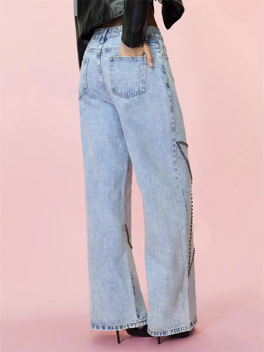 Vintage Loose Retro Beaded Streetwear High Waist Baggy Wide Leg Trousers Jeans - Image 5