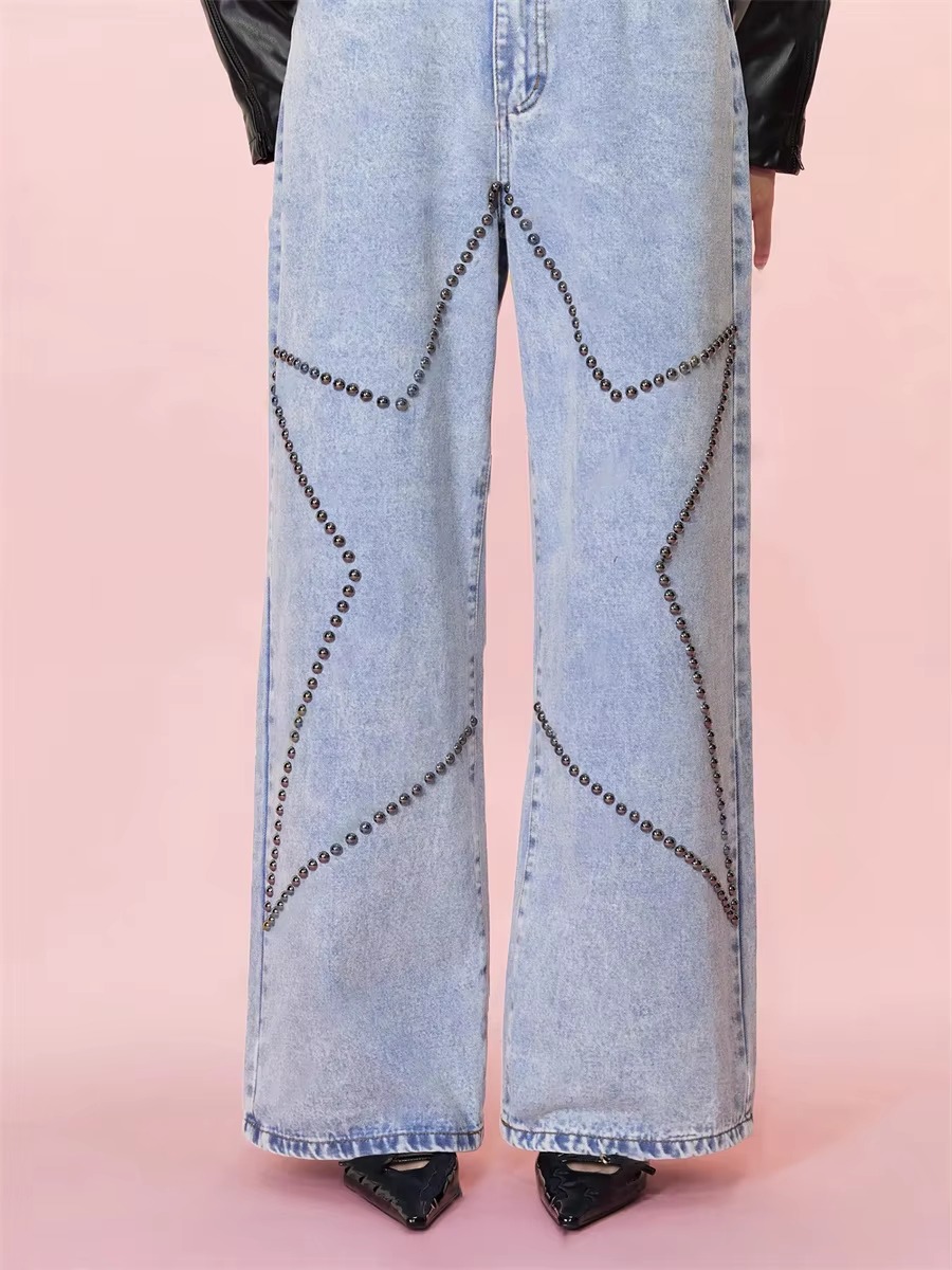 Vintage Loose Retro Beaded Streetwear High Waist Baggy Wide Leg Trousers Jeans - Image 2