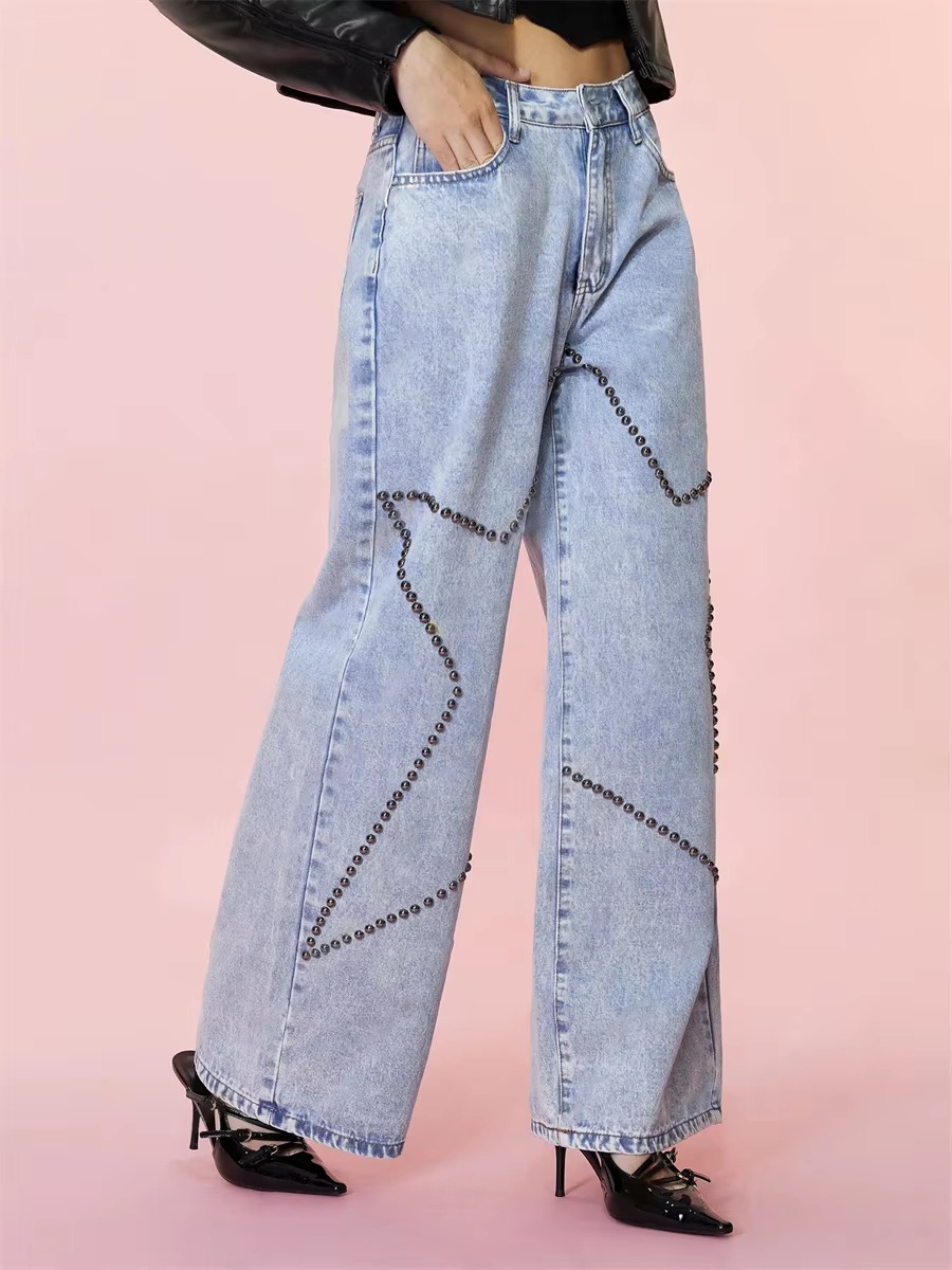Vintage Loose Retro Beaded Streetwear High Waist Baggy Wide Leg Trousers Jeans - Image 3