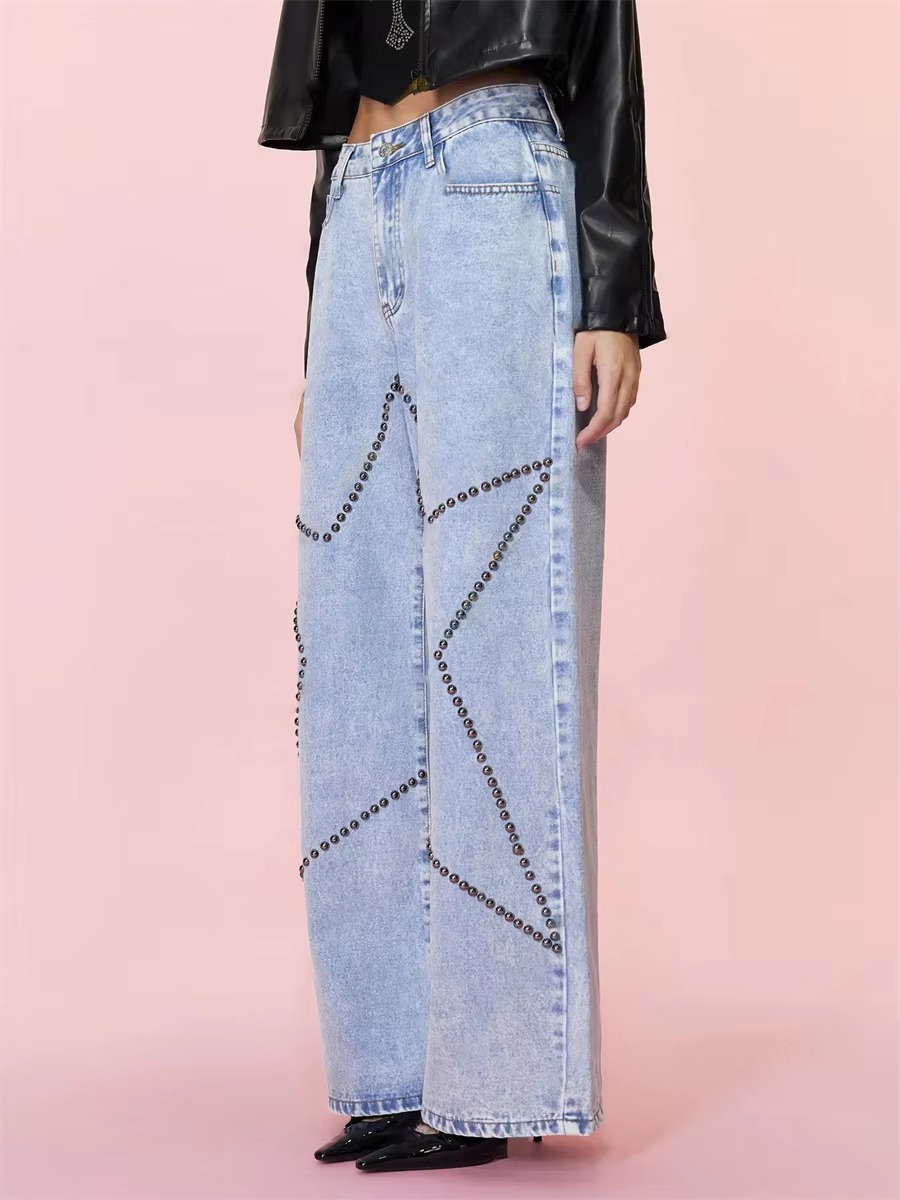 Vintage Loose Retro Beaded Streetwear High Waist Baggy Wide Leg Trousers Jeans - Image 4