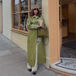 Vintage PU Leather Split Windbreak Loose Single Breasted Lapel Pocket Maxi Jacket