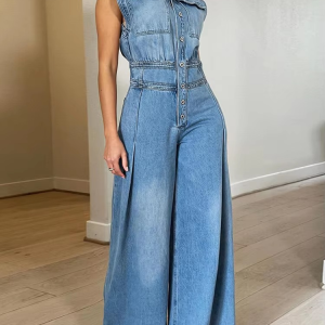 Vintage Pocket Sleeveless Single Breasted Street Overalls Loose Denim Wide Leg Pants Jumpsuit