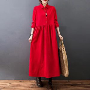 Vintage Polo Neck Buttons A-line Ankle-length Long Shirt Dress