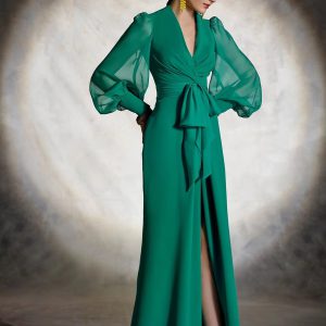 Vintage Puff Sleeves Tied High Waisted Evening Party Maxi Dress