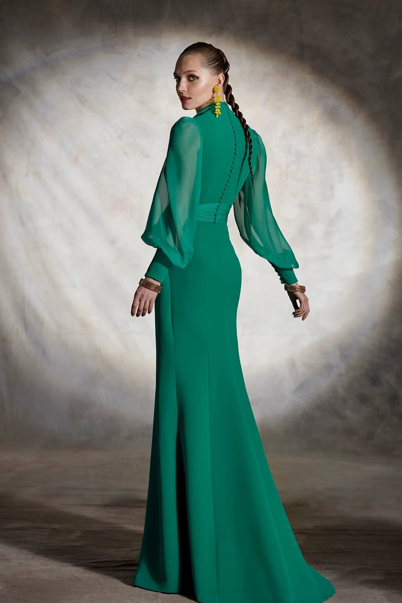 Vintage Puff Sleeves Tied High Waisted Evening Party Maxi Dress - Image 2