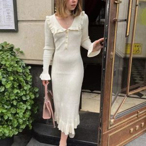 Vintage Single Breasted Ruffled Knitted Slim Midi Dress