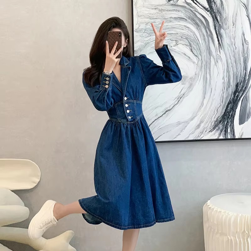 Vintage Solid Lapel V-Neck Backless Elastic Waist Office Lady Denim Dresses - Image 5