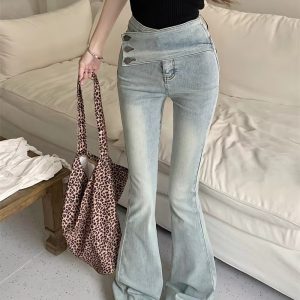 Vintage Streetwear High Waist Slim Casual Denim Button Fly Flared Jeans