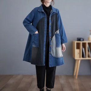 Vintage Turn down Collar Pockets Retro Loose Split Joint Long Jeans Jackets