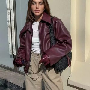 Vintage Zipper Long Sleeve Turn-Down Collar Pu Leather Outwear Jacket