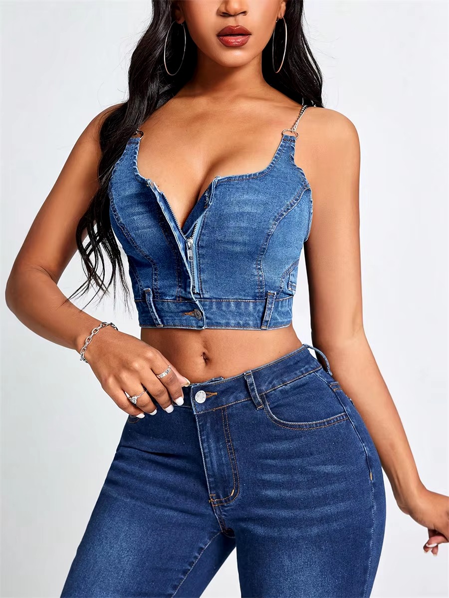 Zipper Front Chain Backless Streetwear Club Party Slim Fit Stretch Jean Cami Top