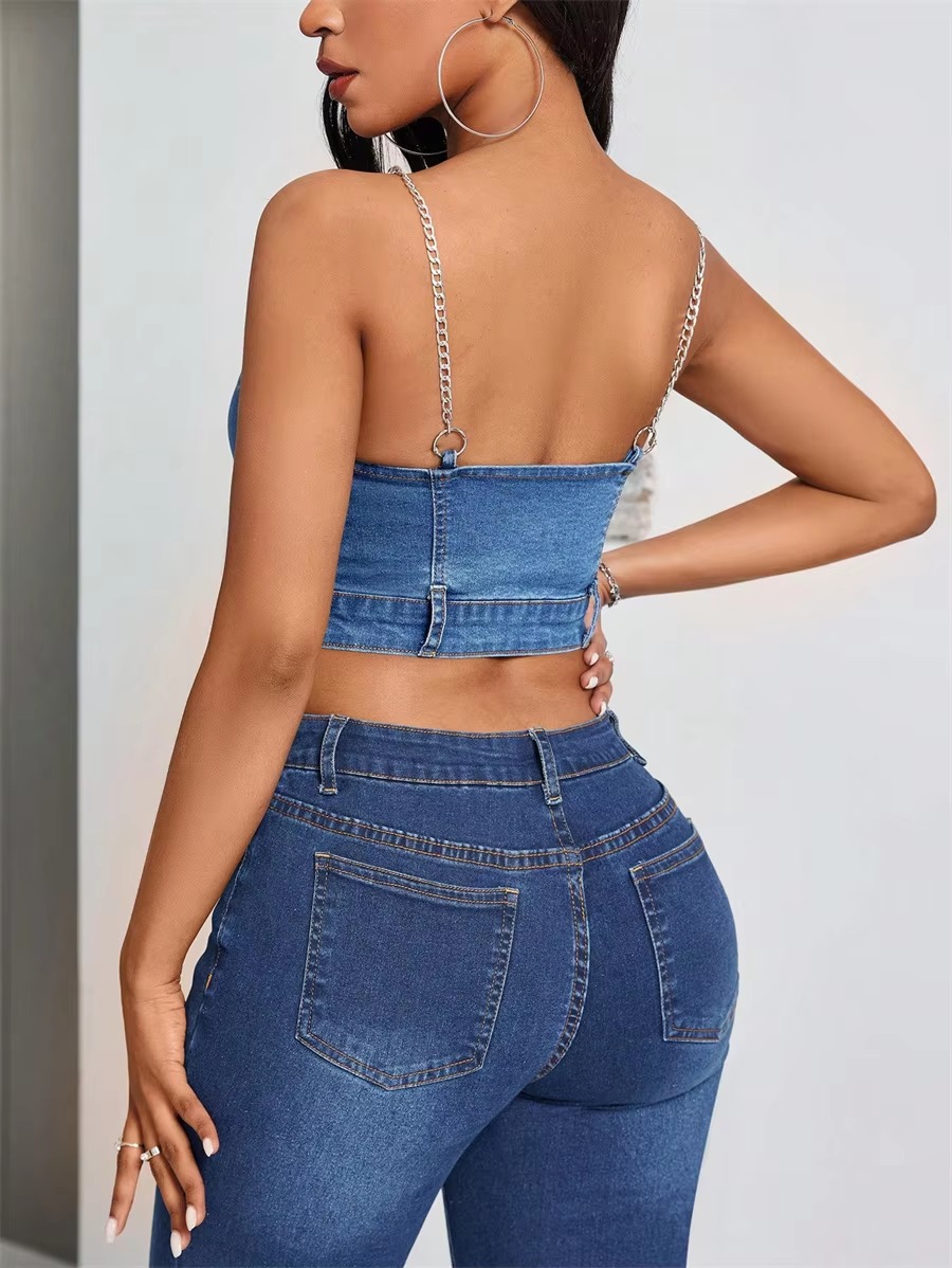 Zipper Front Chain Backless Streetwear Club Party Slim Fit Stretch Jean Cami Top - Image 5