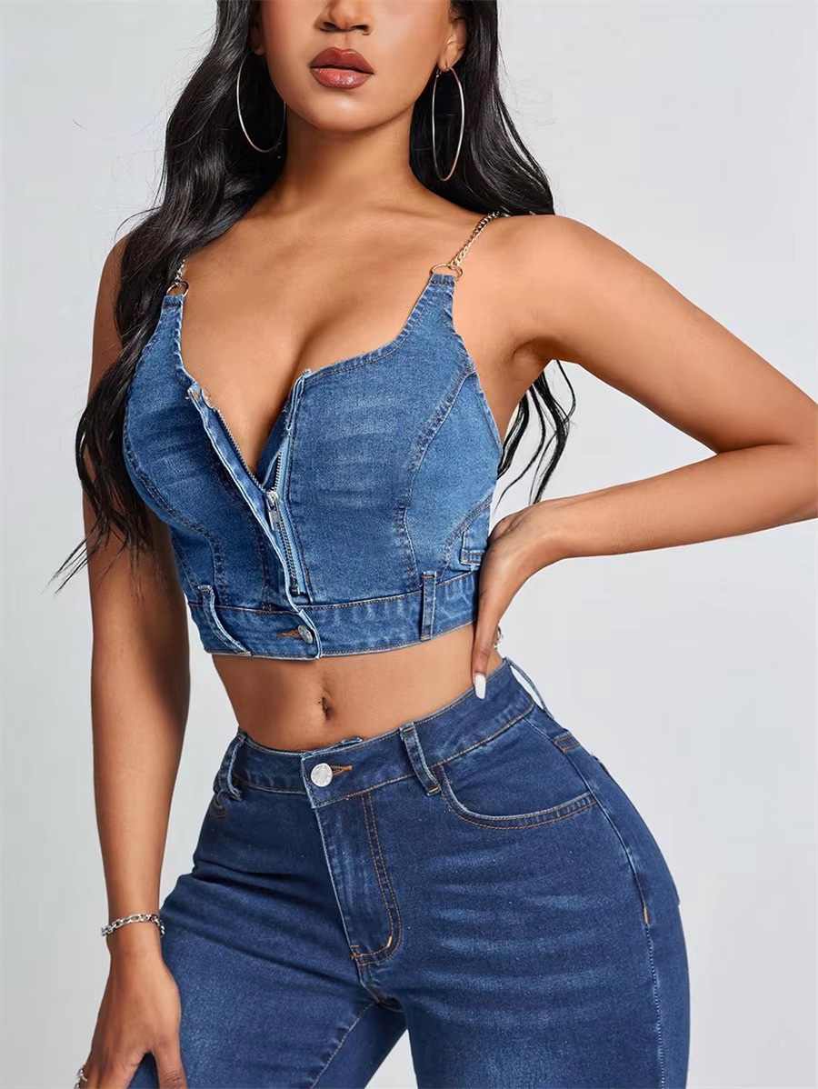 Zipper Front Chain Backless Streetwear Club Party Slim Fit Stretch Jean Cami Top - Image 4