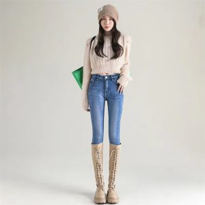 Casual Zipper fly Skinny Thicken Fleece Denim Long Pants Retro Pencil Trousers