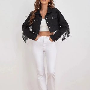 vintage Fringe Tassel Distressed Ripped Crop Denim Jean Jackets