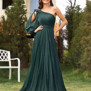 Elegant One-Shoulder Long Sleeves Sparkle Floor Length Maxi Dress