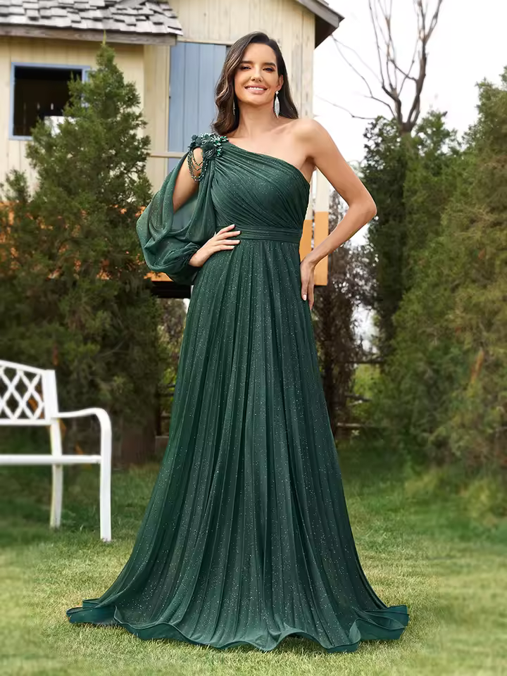 Elegant One-Shoulder Long Sleeves Sparkle Floor Length Maxi Dress