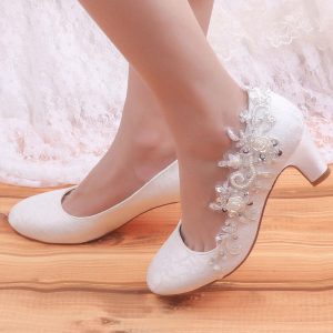 Round Toe Embroidered Fashion Satin Chunky Heel Mid Bridal Shoes