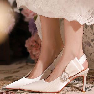 Bow Pearls Pattern  Satin Pointed Toe Wedding Bridal Shoes
